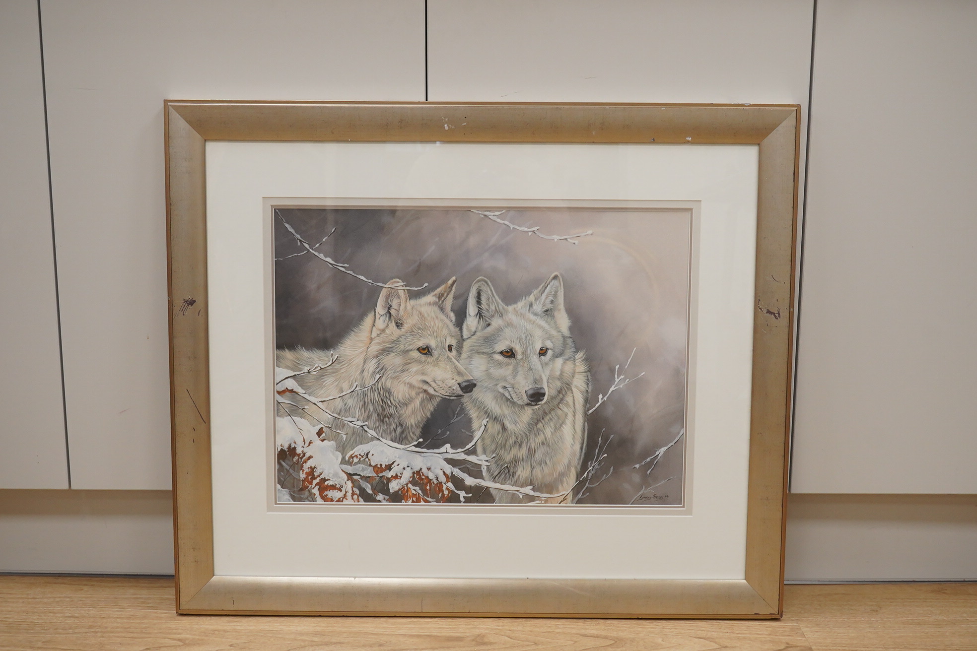 Lyndsey Selley (b.1967), watercolour and gouache, Study of two wolves in snow, signed and dated '06, 39 x 54cm. Condition - good